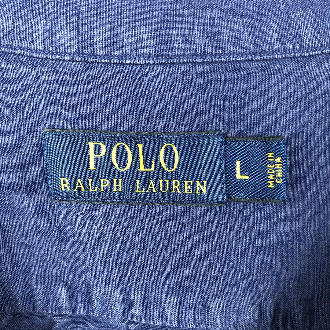 Ralph Lauren POLO RALPH LAUREN Short Sleeve Open Collar Linen Shirt Box Shirt Men's L Size linen navy blue type Vintage Second Hand