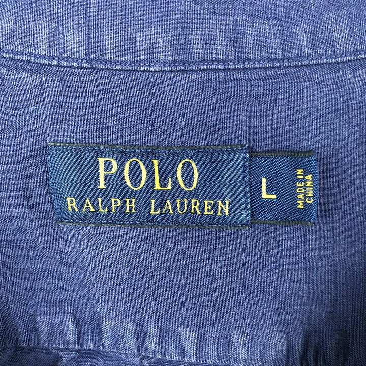 Ralph Lauren POLO RALPH LAUREN Short Sleeve Open Collar Linen Shirt Box Shirt Men's L Size linen navy blue type Vintage Second Hand