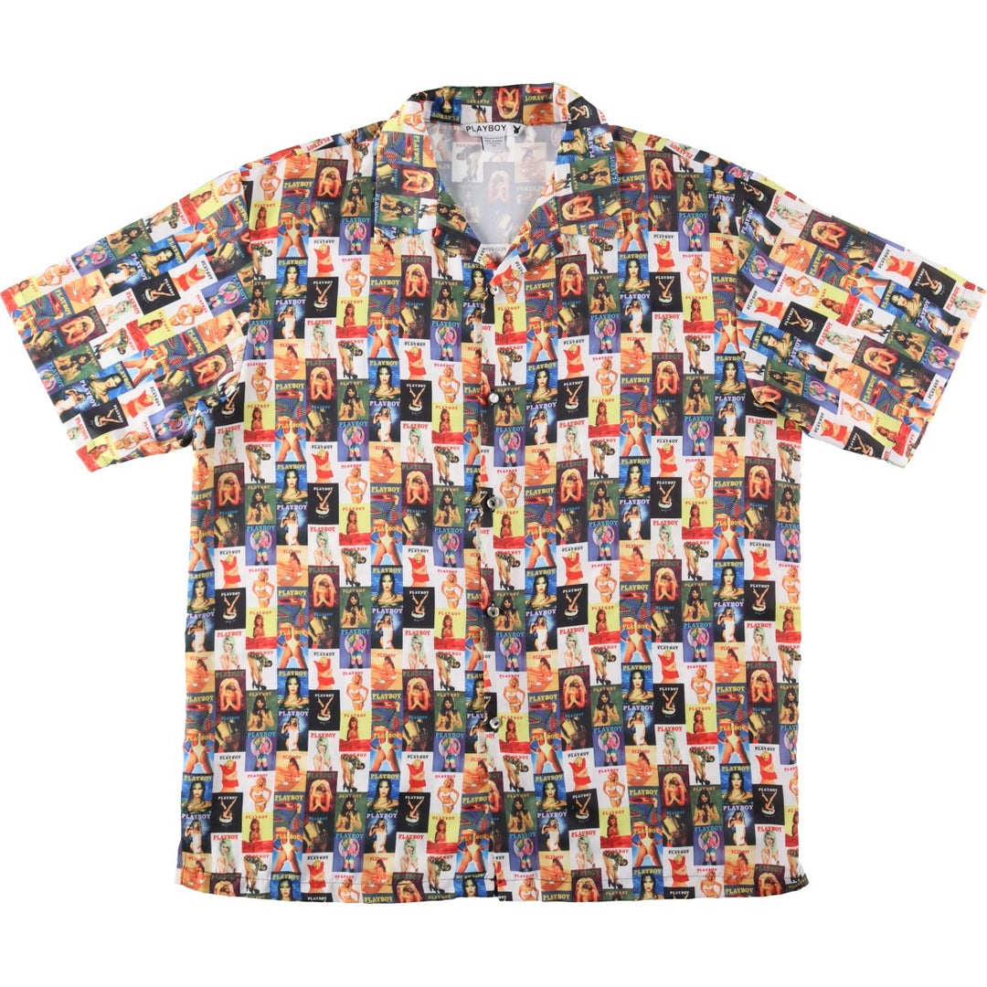 90s-00'S Playboy Pin-up Girl All-Over Print Short-Sleeve Open-Collar Polyester Shirt, Boxy Fit, Men's XL Equivalent polyester blue type Vintage Second Hand