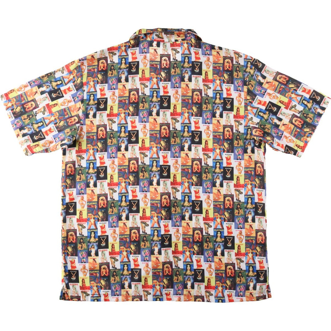90s-00'S Playboy Pin-up Girl All-Over Print Short-Sleeve Open-Collar Polyester Shirt, Boxy Fit, Men's XL Equivalent polyester blue type Vintage Second Hand