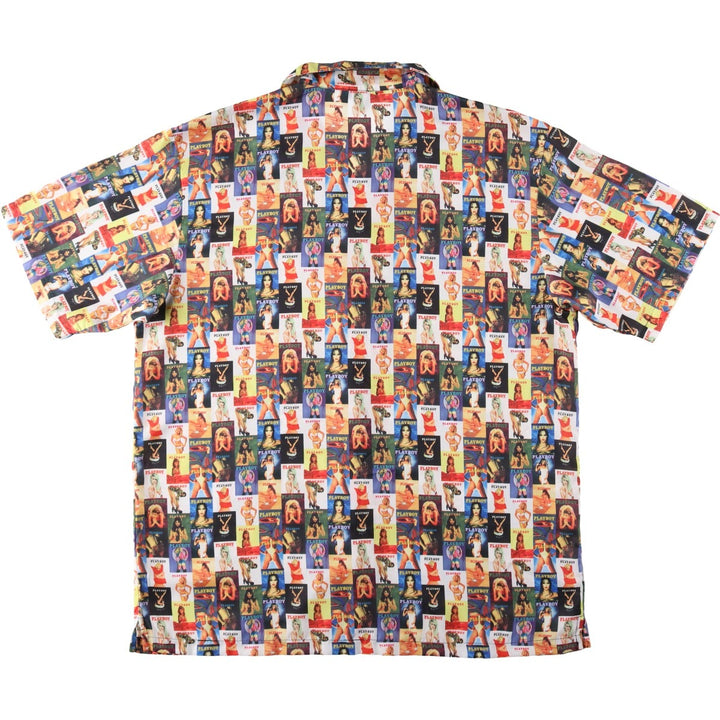 90s-00'S Playboy Pin-up Girl All-Over Print Short-Sleeve Open-Collar Polyester Shirt, Boxy Fit, Men's XL Equivalent polyester blue type Vintage Second Hand