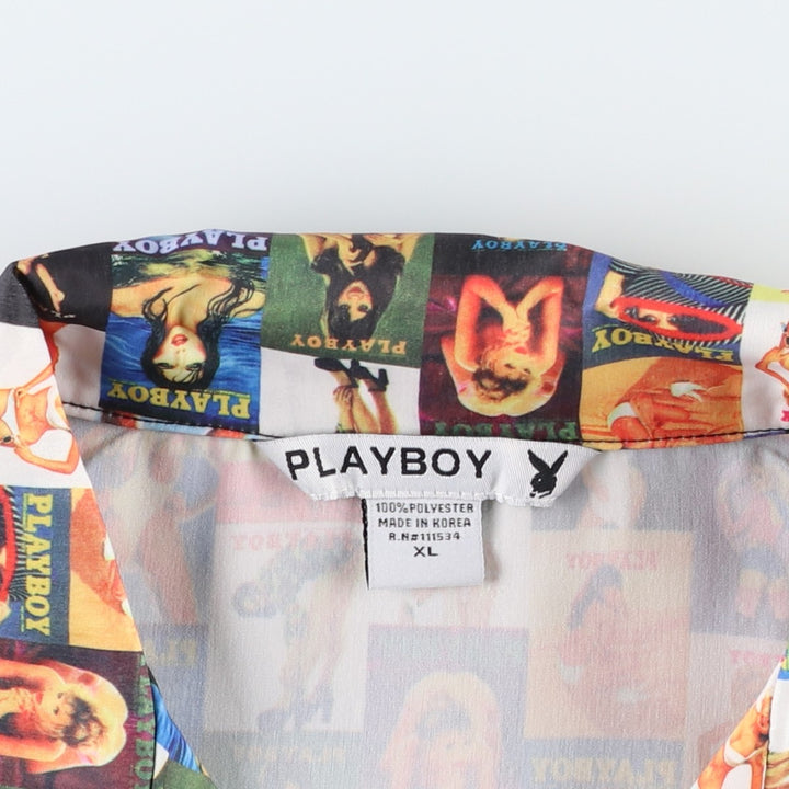 90s-00'S Playboy Pin-up Girl All-Over Print Short-Sleeve Open-Collar Polyester Shirt, Boxy Fit, Men's XL Equivalent polyester blue type Vintage Second Hand