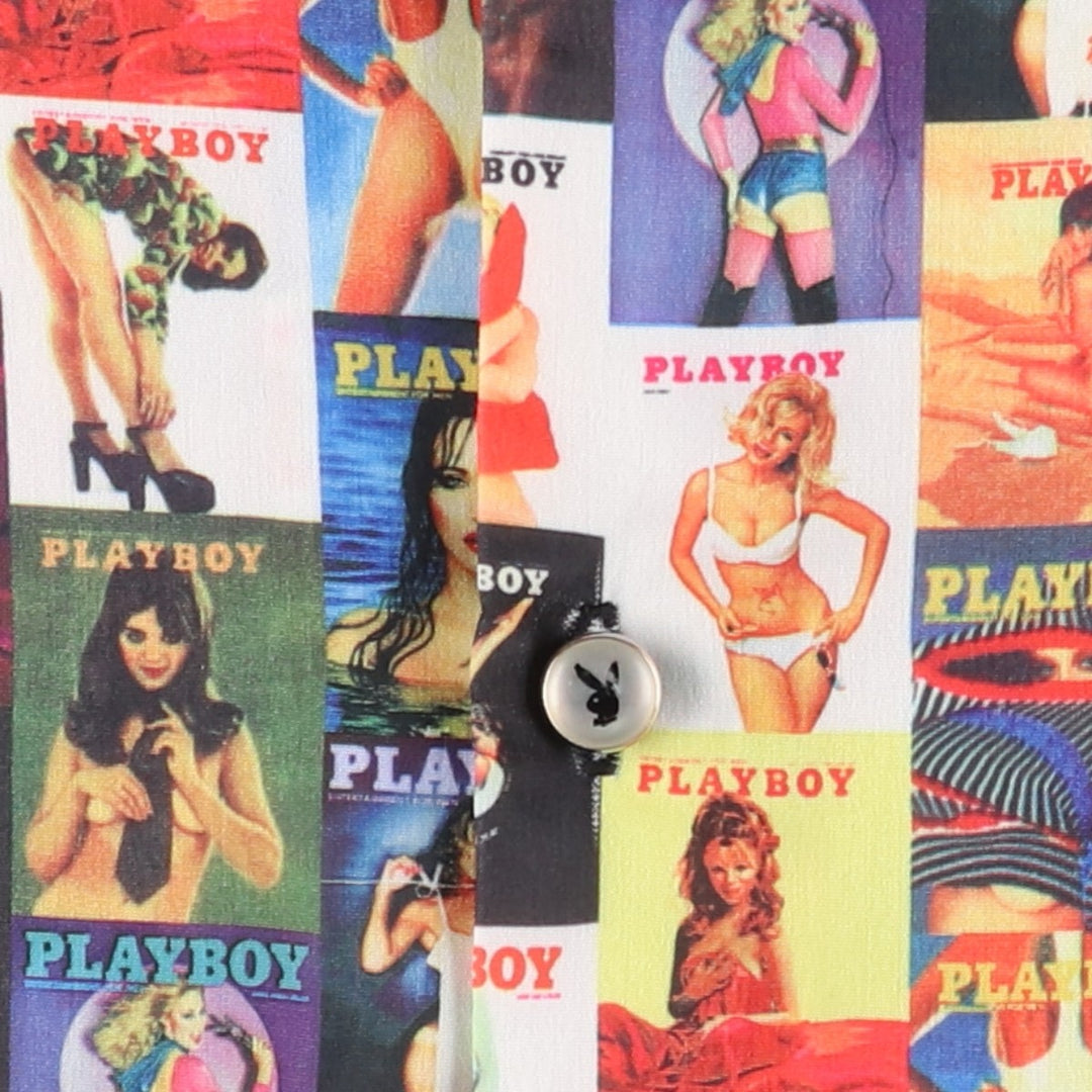 90s-00'S Playboy Pin-up Girl All-Over Print Short-Sleeve Open-Collar Polyester Shirt, Boxy Fit, Men's XL Equivalent polyester blue type Vintage Second Hand