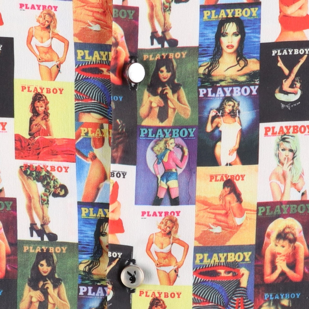 90s-00'S Playboy Pin-up Girl All-Over Print Short-Sleeve Open-Collar Polyester Shirt, Boxy Fit, Men's XL Equivalent polyester blue type Vintage Second Hand