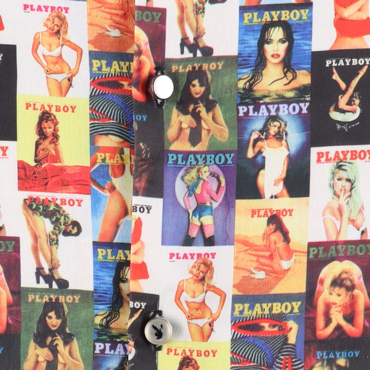 90s-00'S Playboy Pin-up Girl All-Over Print Short-Sleeve Open-Collar Polyester Shirt, Boxy Fit, Men's XL Equivalent polyester blue type Vintage Second Hand