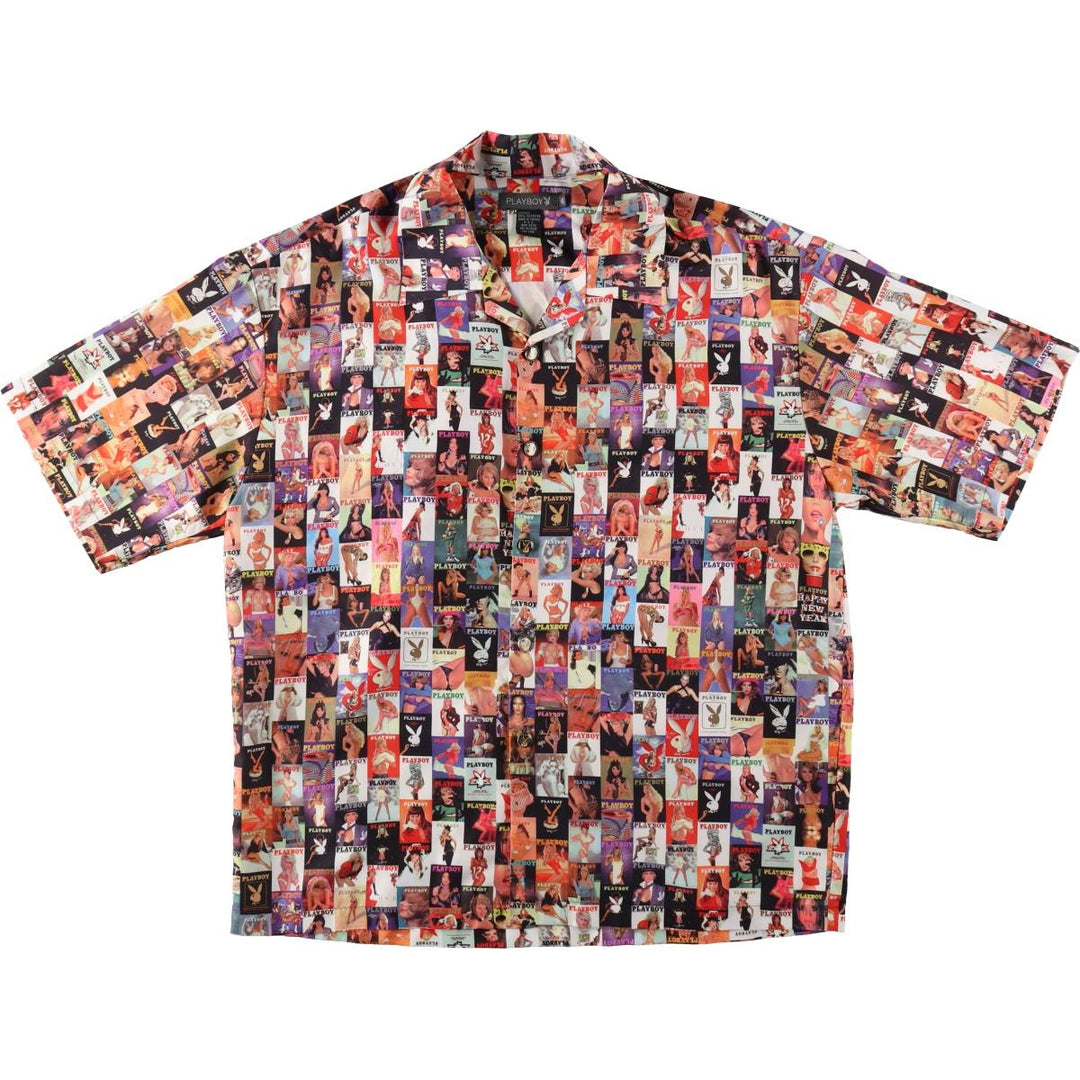 90s-00'S Playboy all-over print pin-up girl short-sleeved open-collar polyester shirt, boxy fit, men's size XL. polyester red type Vintage Second Hand