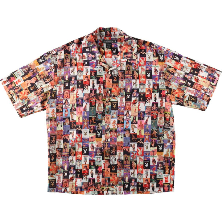 90s-00'S Playboy all-over print pin-up girl short-sleeved open-collar polyester shirt, boxy fit, men's size XL. polyester red type Vintage Second Hand