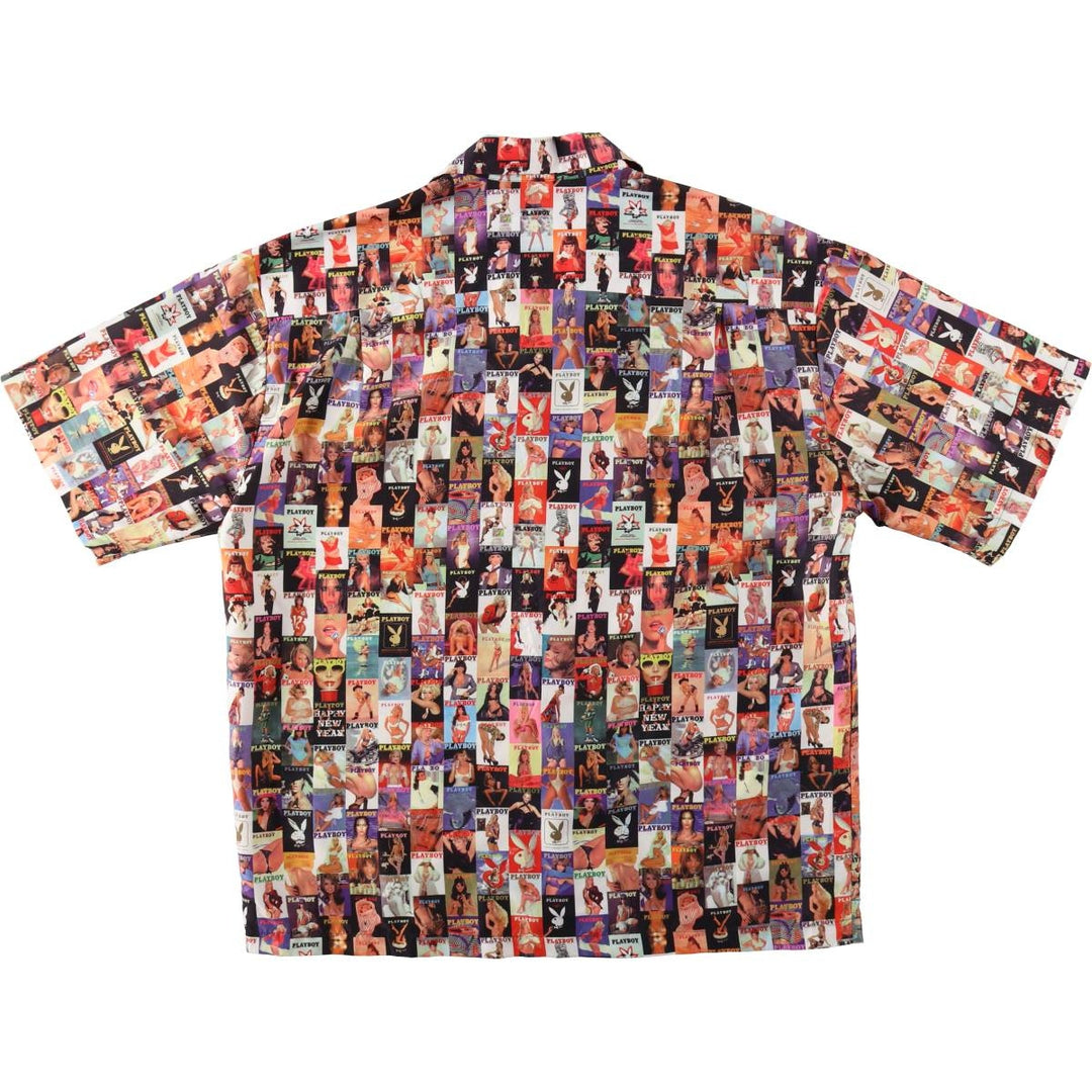 90s-00'S Playboy all-over print pin-up girl short-sleeved open-collar polyester shirt, boxy fit, men's size XL. polyester red type Vintage Second Hand