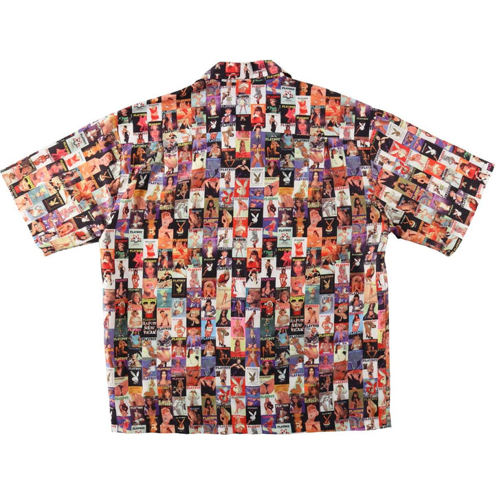 90s-00'S Playboy all-over print pin-up girl short-sleeved open-collar polyester shirt, boxy fit, men's size XL. polyester red type Vintage Second Hand