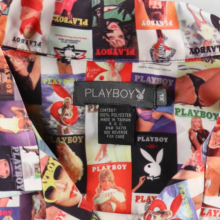 90s-00'S Playboy all-over print pin-up girl short-sleeved open-collar polyester shirt, boxy fit, men's size XL. polyester red type Vintage Second Hand