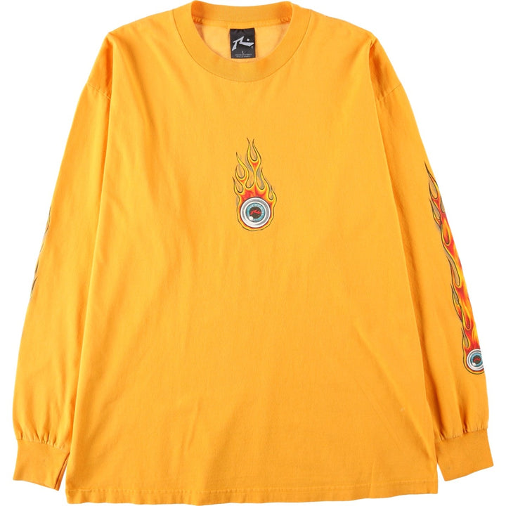 90s-00'S Rusty Fire Pattern Surf Skate Long-Sleeve T-Shirt (Men's Size L) cotton yellow type Vintage Second Hand