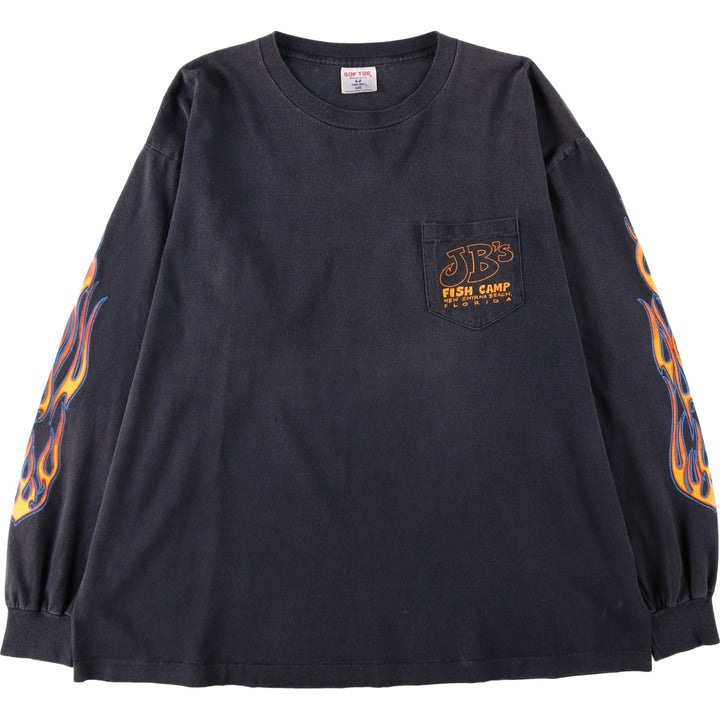 90'S Tee Jays JB's Fish Camp Fire Pattern Motorcycle Advertising Long T-Shirt Made in USA cotton black type Vintage Second Hand