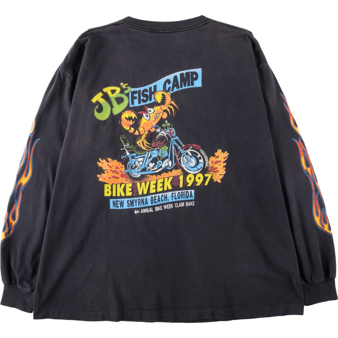 90'S Tee Jays JB's Fish Camp Fire Pattern Motorcycle Advertising Long T-Shirt Made in USA cotton black type Vintage Second Hand