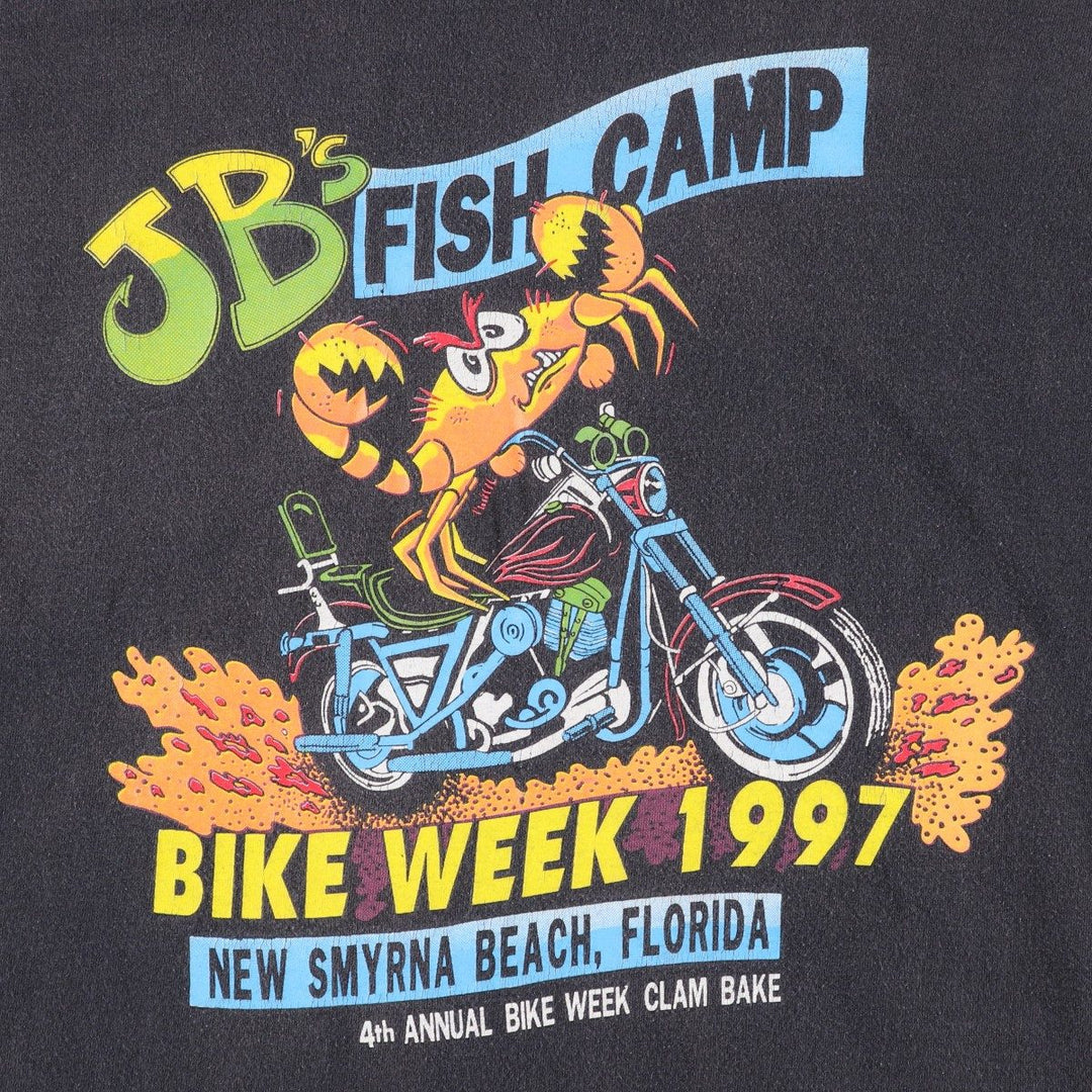 90'S Tee Jays JB's Fish Camp Fire Pattern Motorcycle Advertising Long T-Shirt Made in USA cotton black type Vintage Second Hand