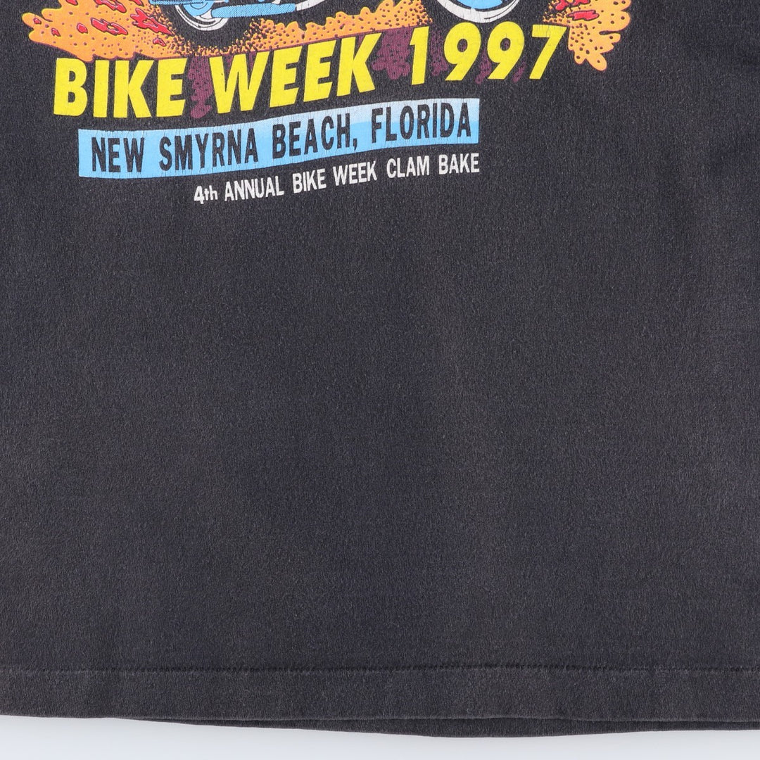 90'S Tee Jays JB's Fish Camp Fire Pattern Motorcycle Advertising Long T-Shirt Made in USA cotton black type Vintage Second Hand