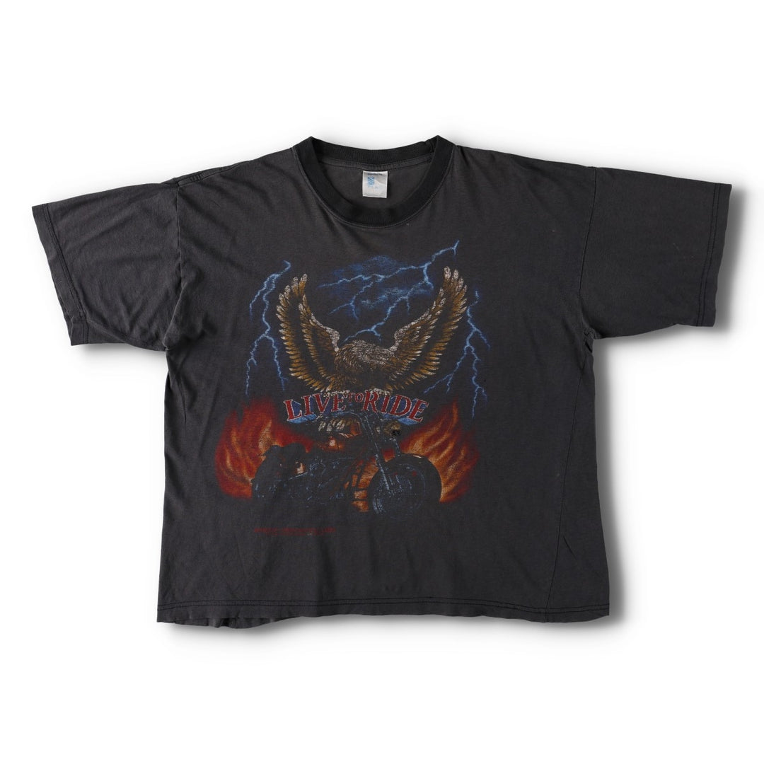 90'S American Flag Eagle Pattern Fire Pattern Motorcycle T-Shirt, Men's Size L (approx.), Vintage cotton black type Vintage Second Hand
