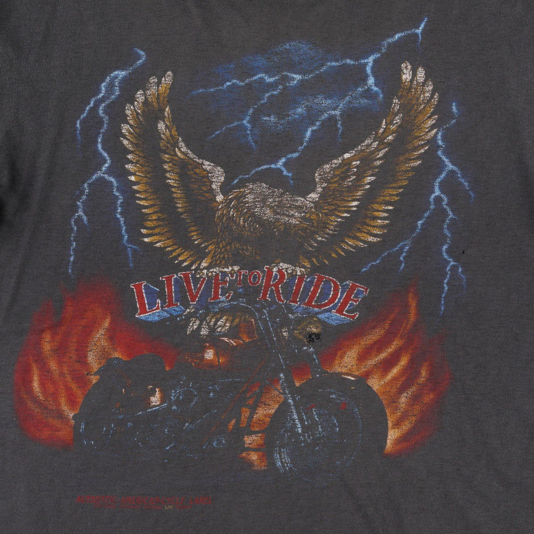 90'S American Flag Eagle Pattern Fire Pattern Motorcycle T-Shirt, Men's Size L (approx.), Vintage cotton black type Vintage Second Hand