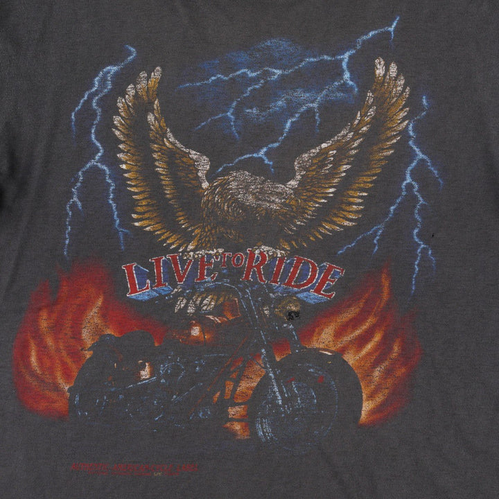 90'S American Flag Eagle Pattern Fire Pattern Motorcycle T-Shirt, Men's Size L (approx.), Vintage cotton black type Vintage Second Hand