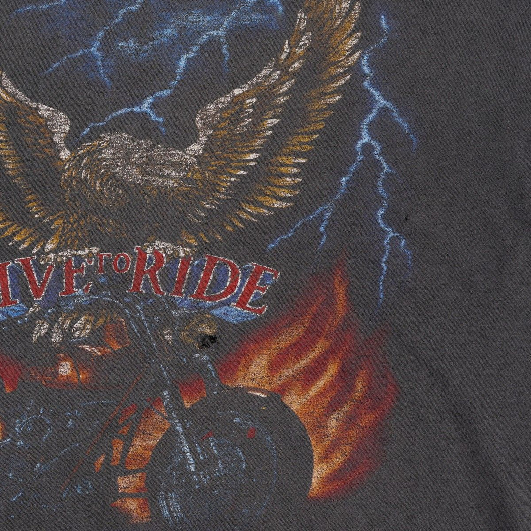 90'S American Flag Eagle Pattern Fire Pattern Motorcycle T-Shirt, Men's Size L (approx.), Vintage cotton black type Vintage Second Hand