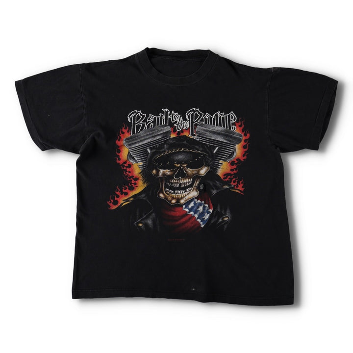 90'S Bad to the Bone Skull Pattern Fire Pattern Motorcycle T-Shirt (Men's Size M) unclear black type Vintage Second Hand