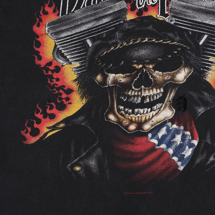 90'S Bad to the Bone Skull Pattern Fire Pattern Motorcycle T-Shirt (Men's Size M) unclear black type Vintage Second Hand