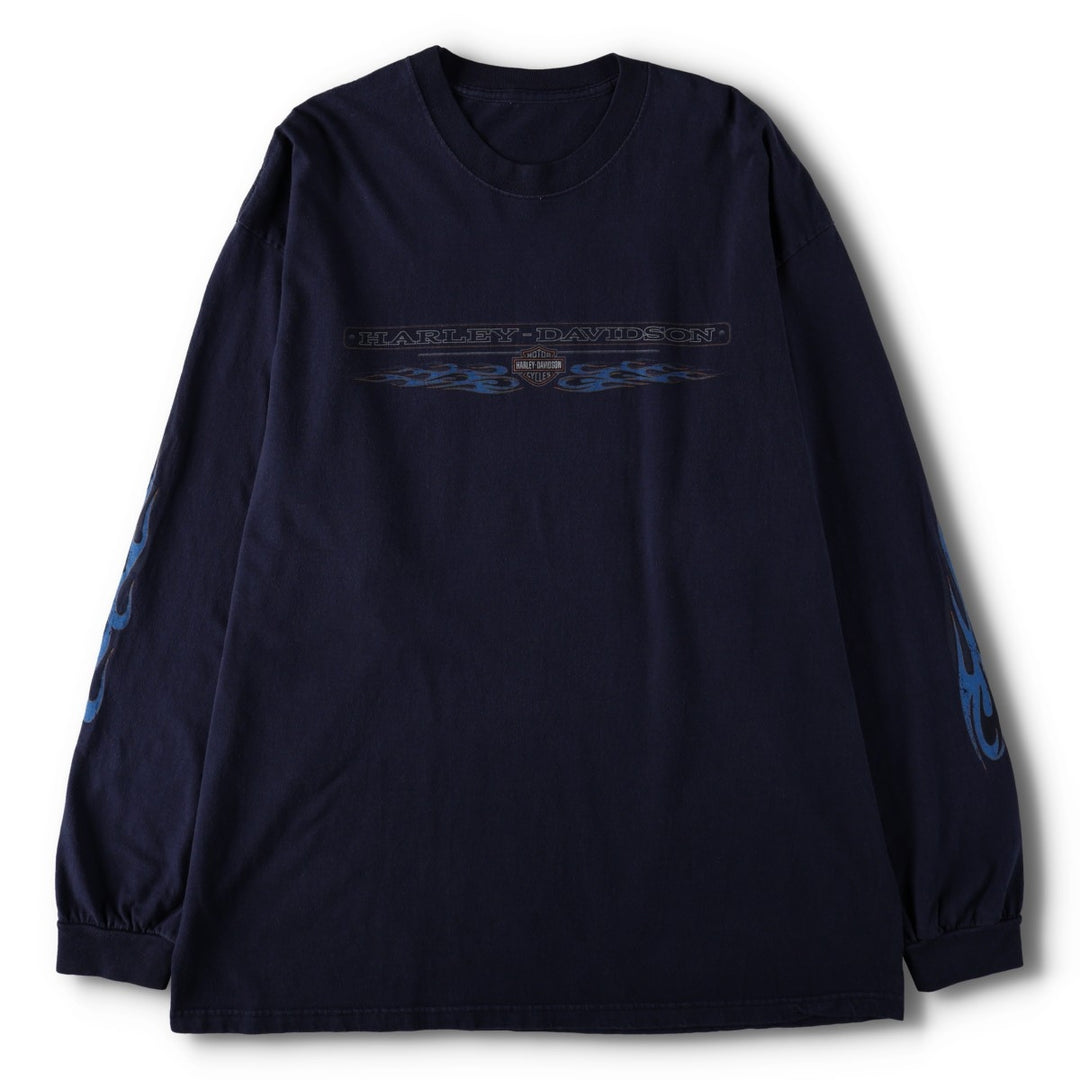 2000'S Harley-Davidson Fire Pattern Motorcycle Long-Sleeve T-Shirt (Men's Size L) unclear navy blue type Vintage Second Hand