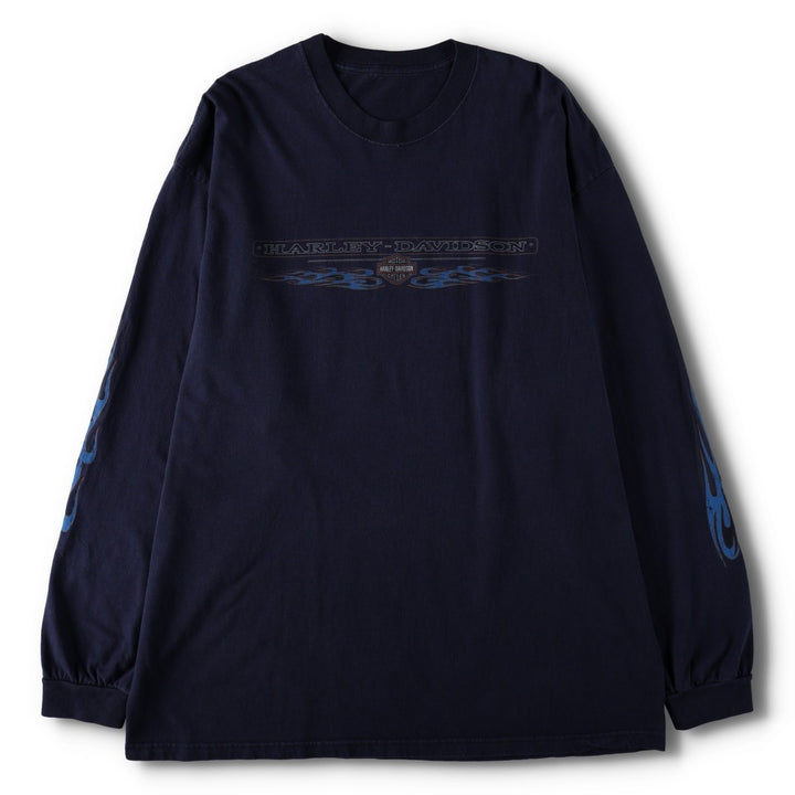 2000'S Harley-Davidson Fire Pattern Motorcycle Long-Sleeve T-Shirt (Men's Size L) unclear navy blue type Vintage Second Hand