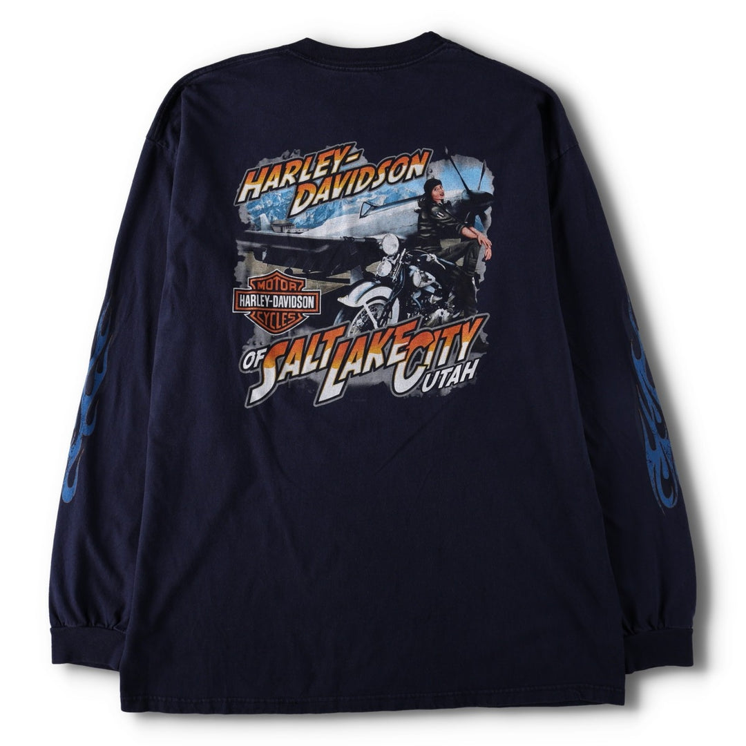 2000'S Harley-Davidson Fire Pattern Motorcycle Long-Sleeve T-Shirt (Men's Size L) unclear navy blue type Vintage Second Hand