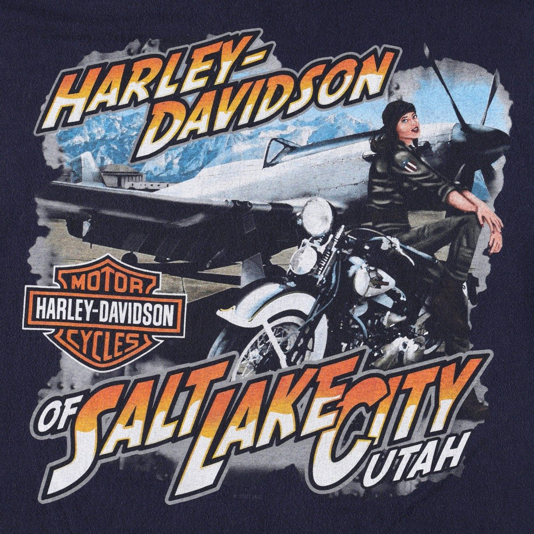 2000'S Harley-Davidson Fire Pattern Motorcycle Long-Sleeve T-Shirt (Men's Size L) unclear navy blue type Vintage Second Hand