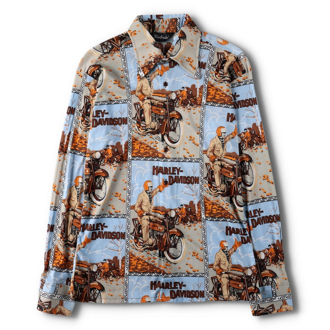 1970'S Manfredo Harley-Davidson all-over print long-sleeved shirt, boxy style, men's size L equivalent, vintage. acetate Blue type light blue Vintage Second Hand
