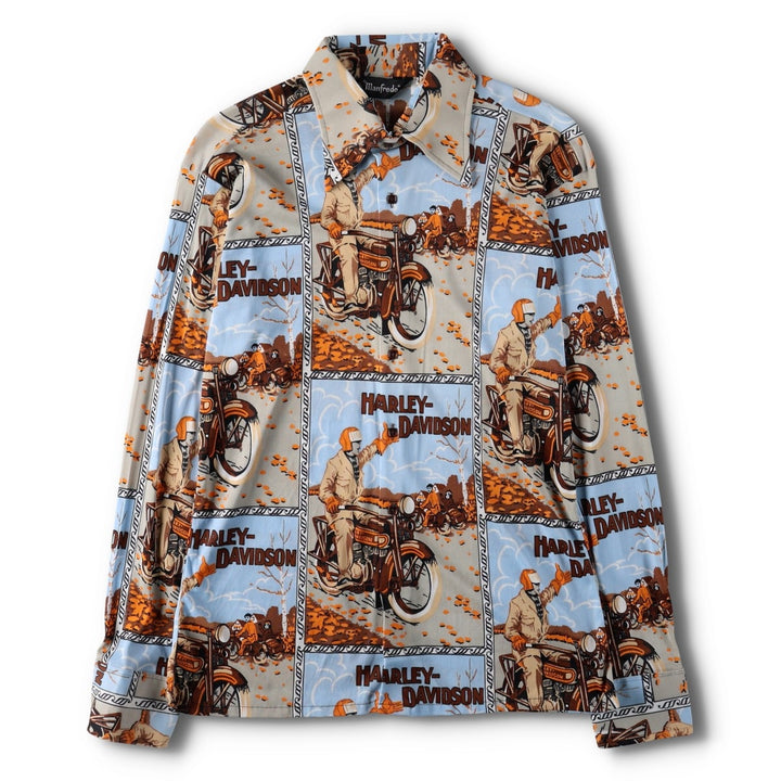 1970'S Manfredo Harley-Davidson all-over print long-sleeved shirt, boxy style, men's size L equivalent, vintage. acetate Blue type light blue Vintage Second Hand