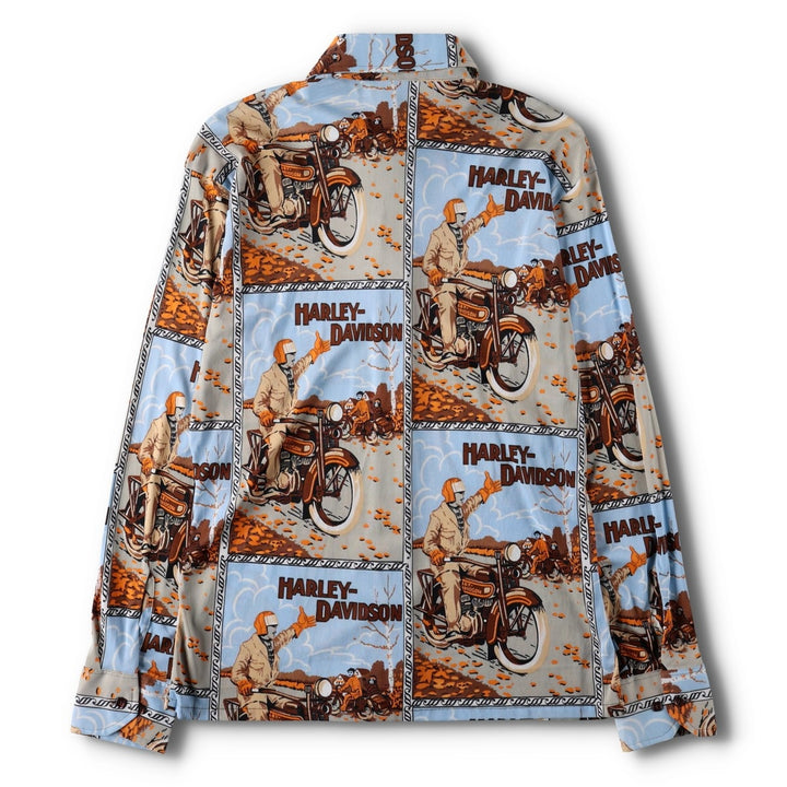 1970'S Manfredo Harley-Davidson all-over print long-sleeved shirt, boxy style, men's size L equivalent, vintage. acetate Blue type light blue Vintage Second Hand