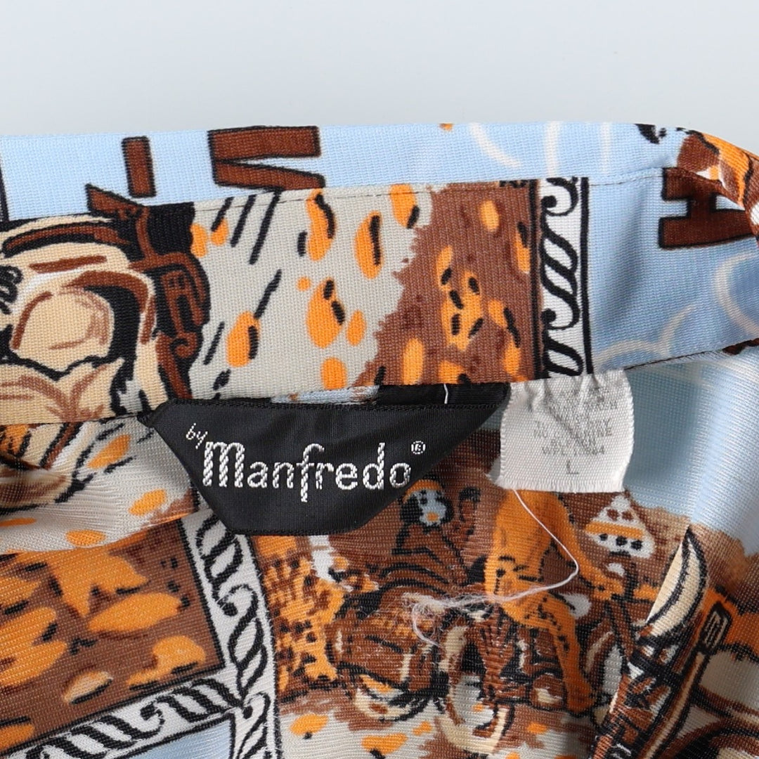 1970'S Manfredo Harley-Davidson all-over print long-sleeved shirt, boxy style, men's size L equivalent, vintage. acetate Blue type light blue Vintage Second Hand