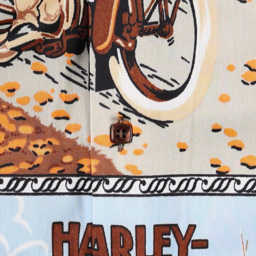 1970'S Manfredo Harley-Davidson all-over print long-sleeved shirt, boxy style, men's size L equivalent, vintage. acetate Blue type light blue Vintage Second Hand