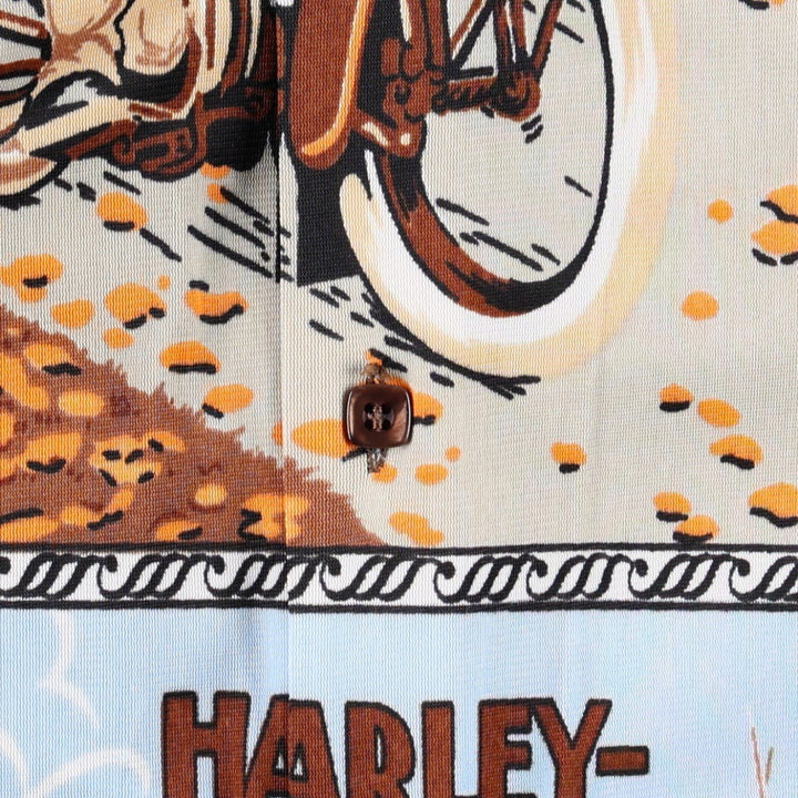 1970'S Manfredo Harley-Davidson all-over print long-sleeved shirt, boxy style, men's size L equivalent, vintage. acetate Blue type light blue Vintage Second Hand