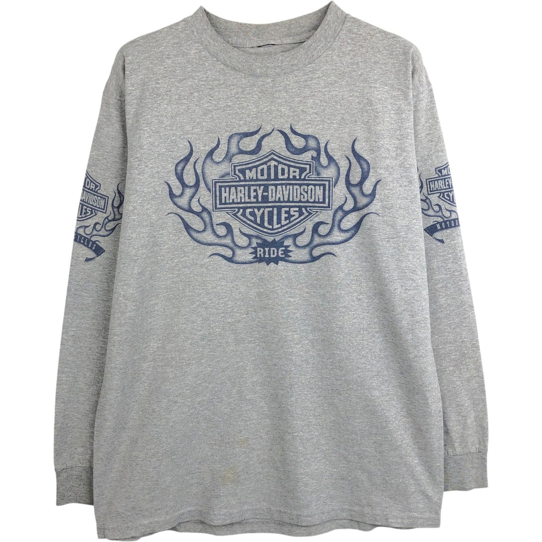 2000'S Harley-Davidson Motorcycle Fire Pattern Long-Sleeve T-Shirt (Men's Size M) unclear gray type Vintage Second Hand