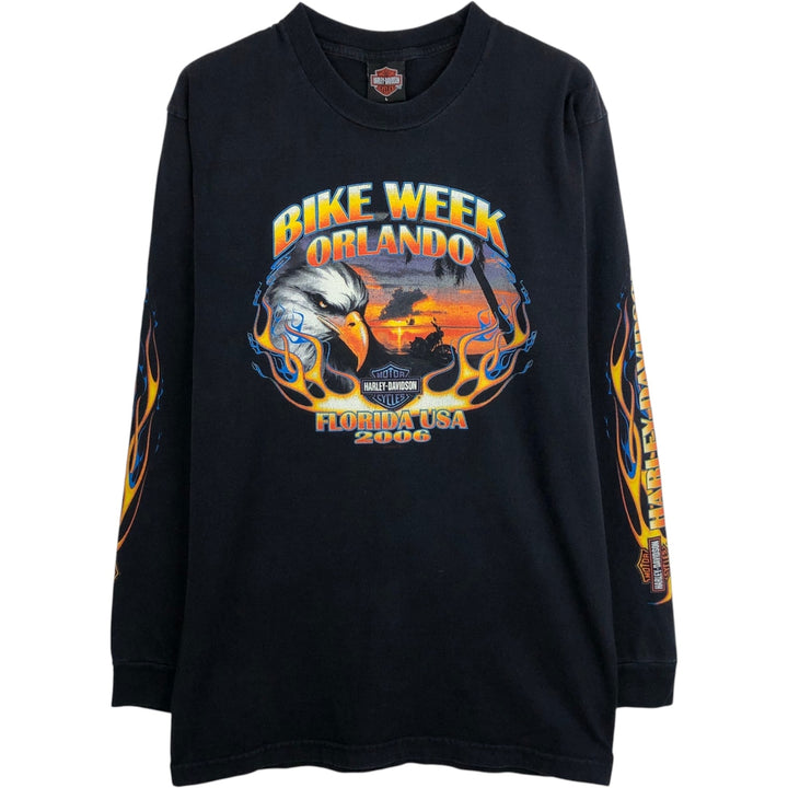 2000'S Harley-Davidson Fire Pattern Eagle Design Motorcycle Long-Sleeve T-Shirt, Made in USA, Men's Size L (approx.) cotton black type Vintage Second Hand