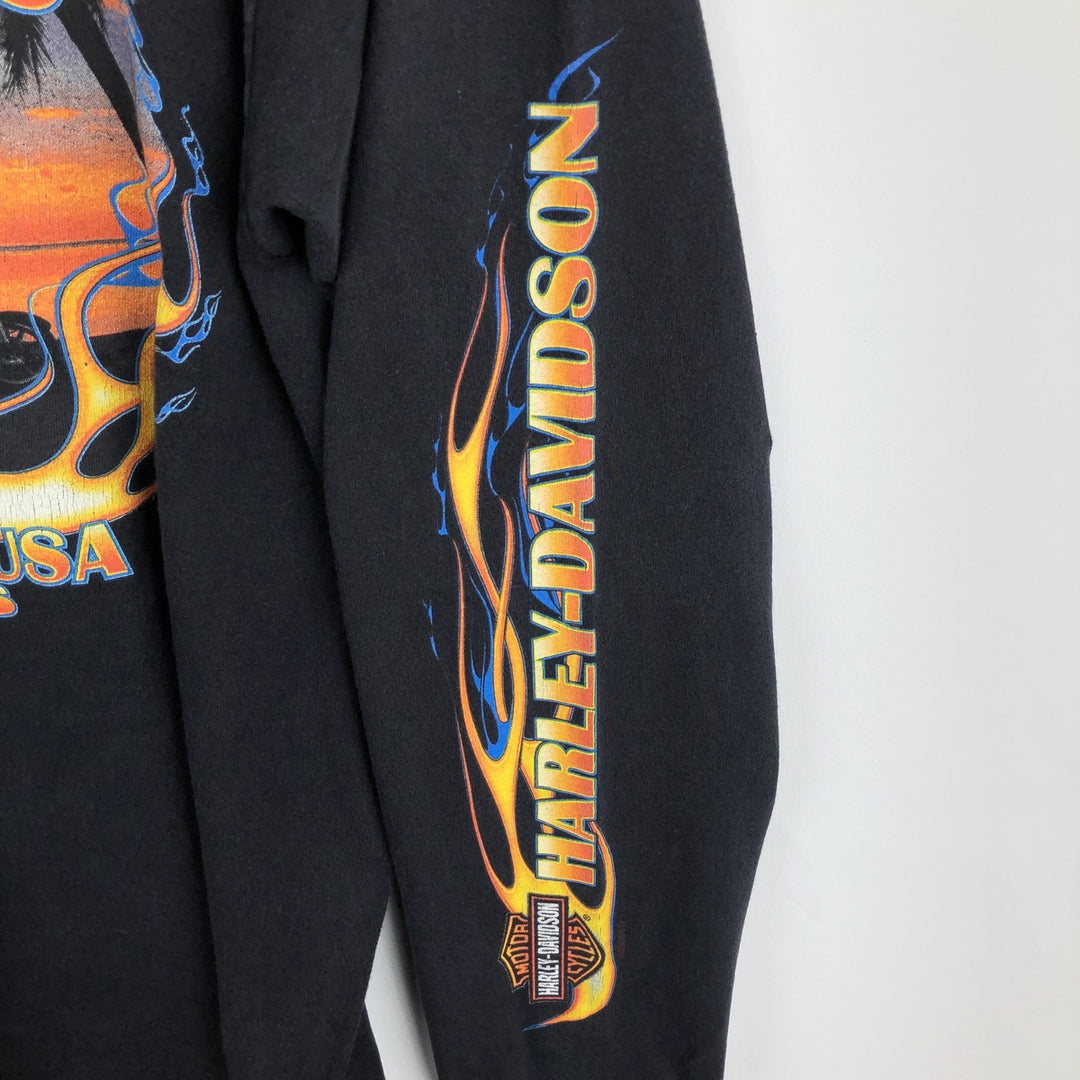 2000'S Harley-Davidson Fire Pattern Eagle Design Motorcycle Long-Sleeve T-Shirt, Made in USA, Men's Size L (approx.) cotton black type Vintage Second Hand