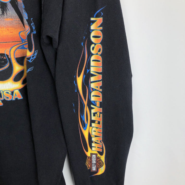 2000'S Harley-Davidson Fire Pattern Eagle Design Motorcycle Long-Sleeve T-Shirt, Made in USA, Men's Size L (approx.) cotton black type Vintage Second Hand