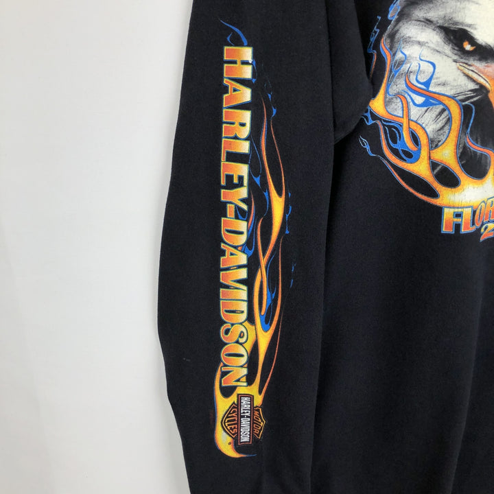 2000'S Harley-Davidson Fire Pattern Eagle Design Motorcycle Long-Sleeve T-Shirt, Made in USA, Men's Size L (approx.) cotton black type Vintage Second Hand