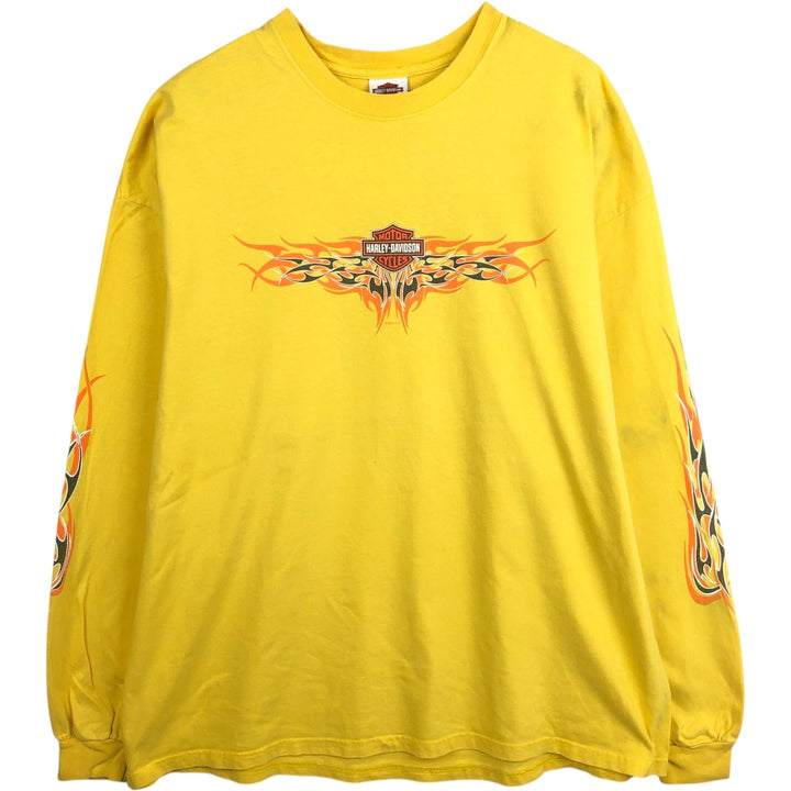 2000'S Harley-Davidson Fire Pattern Motorcycle Long-Sleeve T-Shirt, Made in USA, Men's Size XXXL (approx.) cotton yellow type Vintage Second Hand