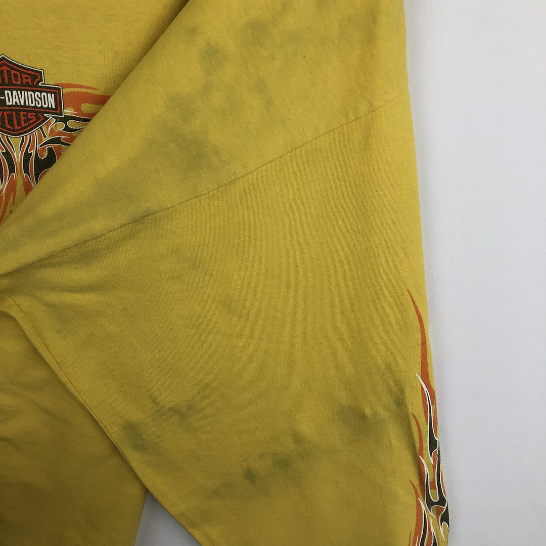 2000'S Harley-Davidson Fire Pattern Motorcycle Long-Sleeve T-Shirt, Made in USA, Men's Size XXXL (approx.) cotton yellow type Vintage Second Hand