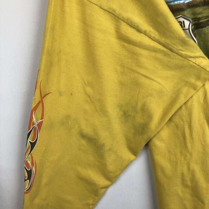 2000'S Harley-Davidson Fire Pattern Motorcycle Long-Sleeve T-Shirt, Made in USA, Men's Size XXXL (approx.) cotton yellow type Vintage Second Hand