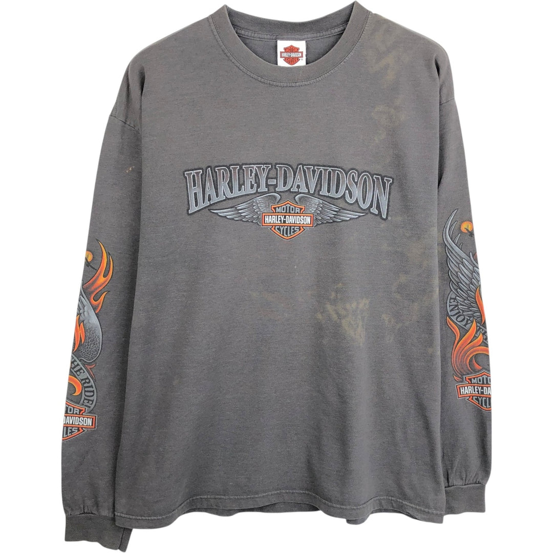 Harley-Davidson Fire Pattern Eagle Pattern Motorcycle Long-Sleeve T-Shirt, Made in USA, Men's XL Equivalent cotton Charcoal Vintage Second Hand