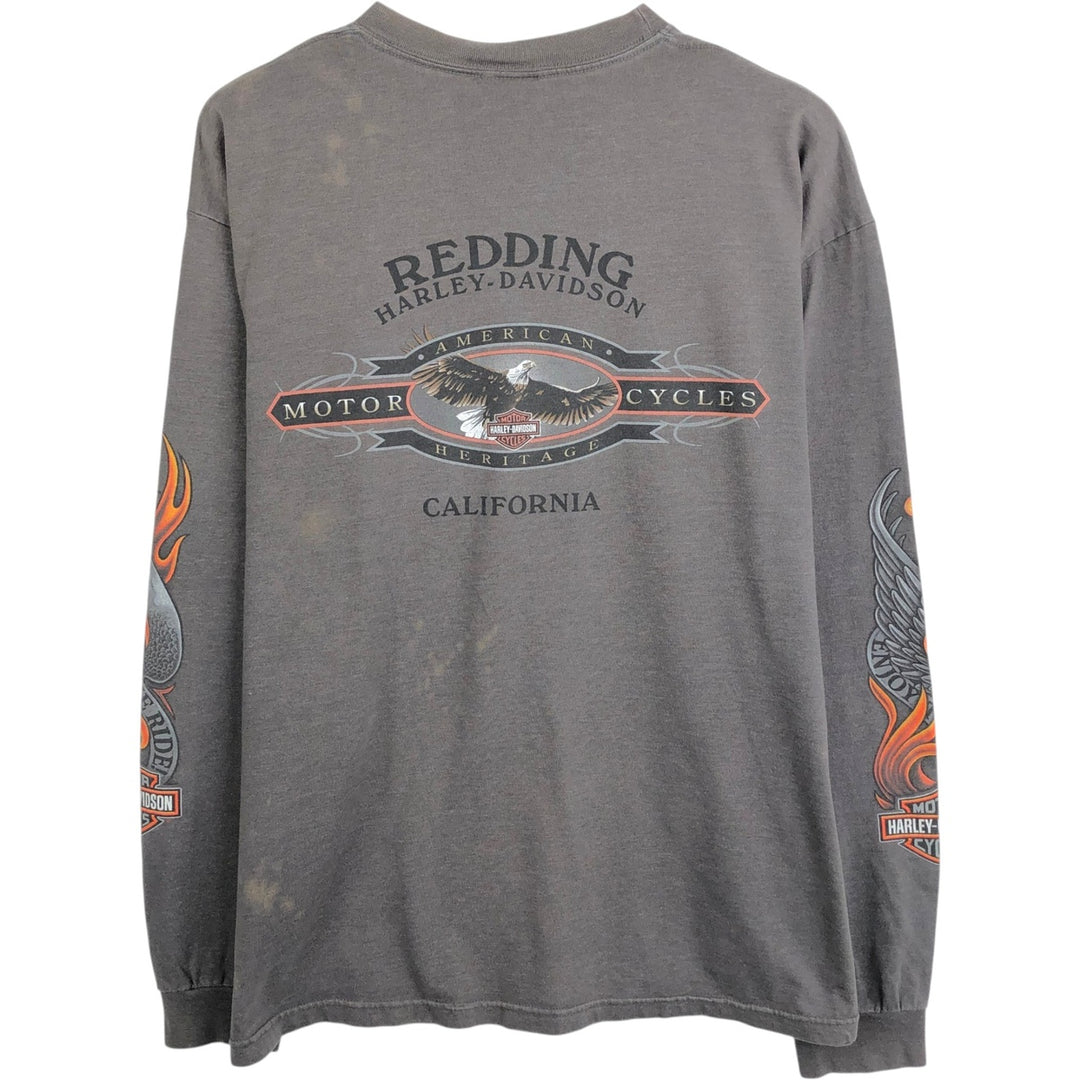 Harley-Davidson Fire Pattern Eagle Pattern Motorcycle Long-Sleeve T-Shirt, Made in USA, Men's XL Equivalent cotton Charcoal Vintage Second Hand