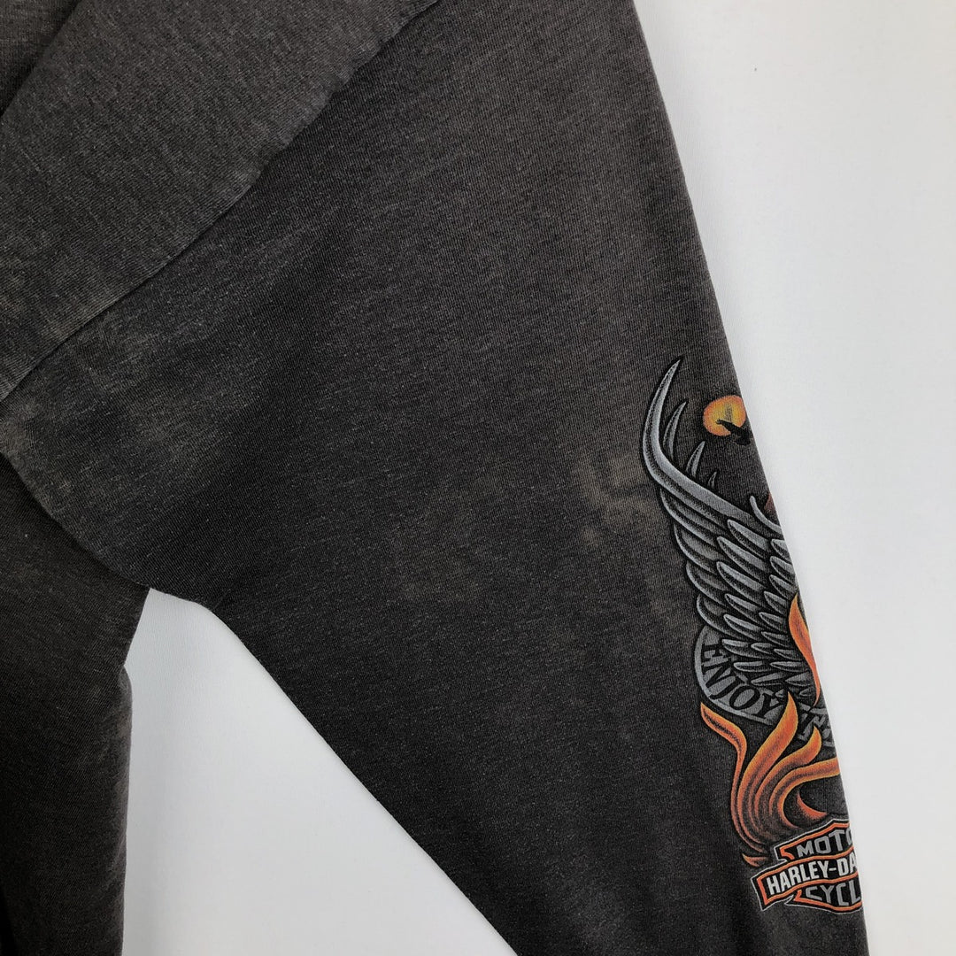 Harley-Davidson Fire Pattern Eagle Pattern Motorcycle Long-Sleeve T-Shirt, Made in USA, Men's XL Equivalent cotton Charcoal Vintage Second Hand