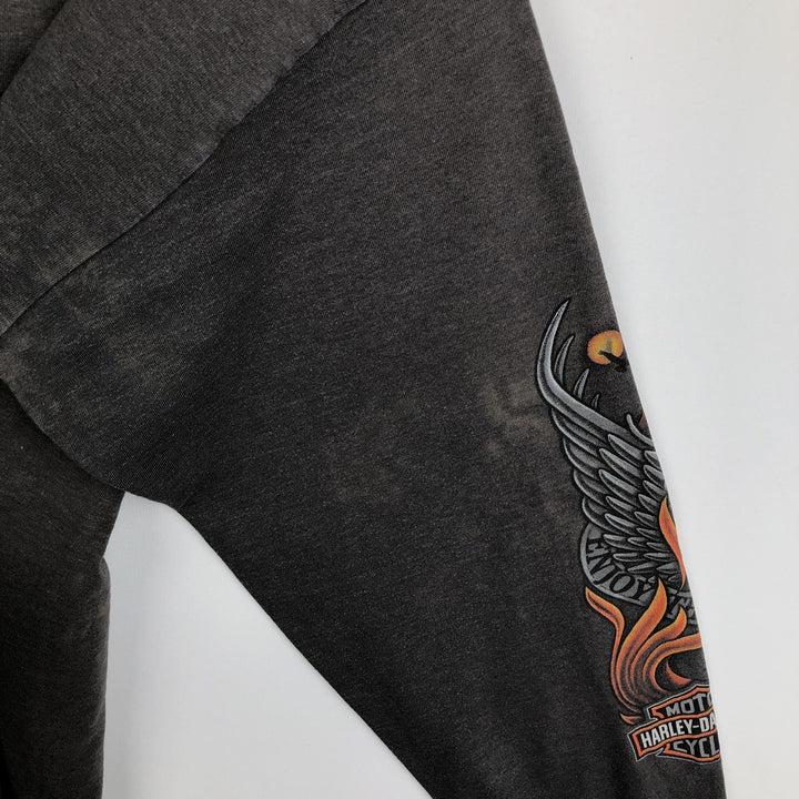 Harley-Davidson Fire Pattern Eagle Pattern Motorcycle Long-Sleeve T-Shirt, Made in USA, Men's XL Equivalent cotton Charcoal Vintage Second Hand