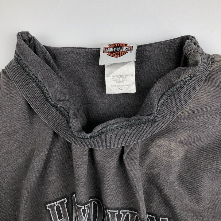 Harley-Davidson Fire Pattern Eagle Pattern Motorcycle Long-Sleeve T-Shirt, Made in USA, Men's XL Equivalent cotton Charcoal Vintage Second Hand