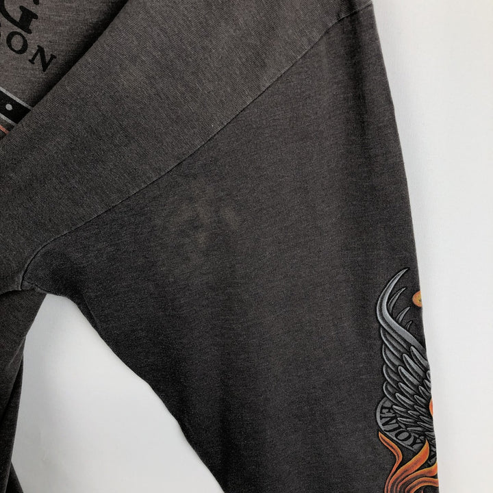 Harley-Davidson Fire Pattern Eagle Pattern Motorcycle Long-Sleeve T-Shirt, Made in USA, Men's XL Equivalent cotton Charcoal Vintage Second Hand