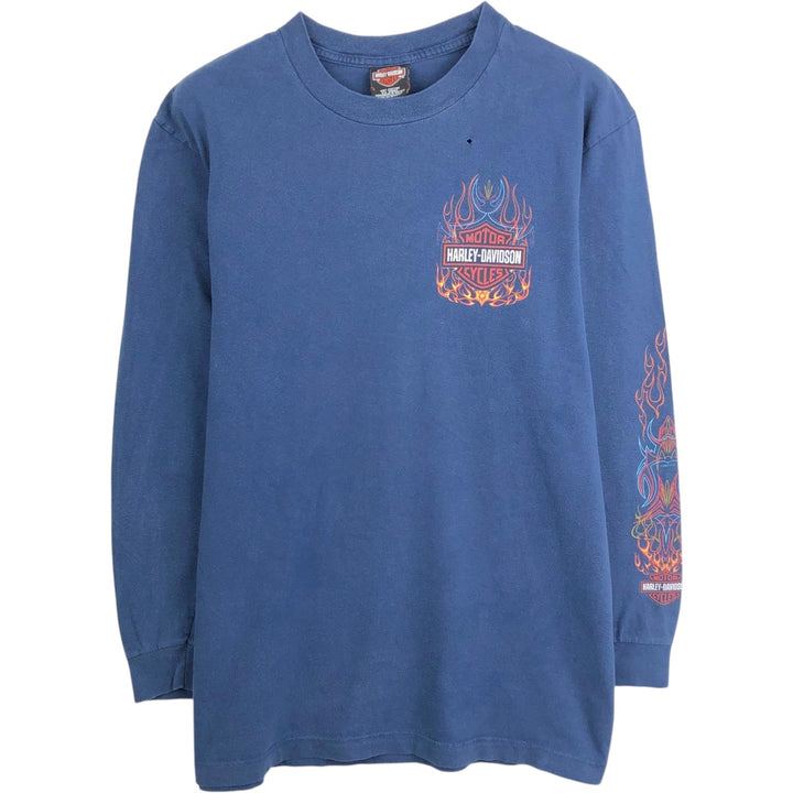 Harley-Davidson Fire Pattern Motorcycle Long Sleeve T-Shirt, Men's Size L cotton navy blue type Vintage Second Hand